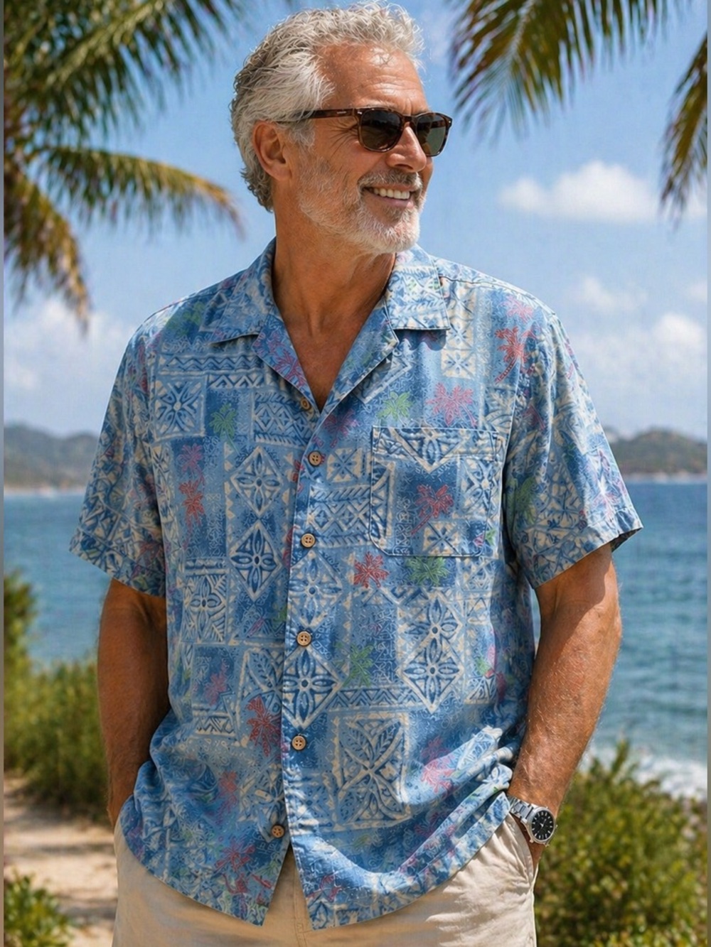 Batik Bay Silk Hawaiian Shirt Men’s M Blue Tropical Coastal Beach Resort Wear